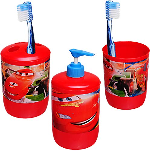 3 TLG. Badeset & Zahnputzset Disney Cars - Auto - Lightning McQueen - Seifenspender + Zahnputzbecher + Zahnbürstenhalter - für Zahnbürste - Kinder Baby - Ki..