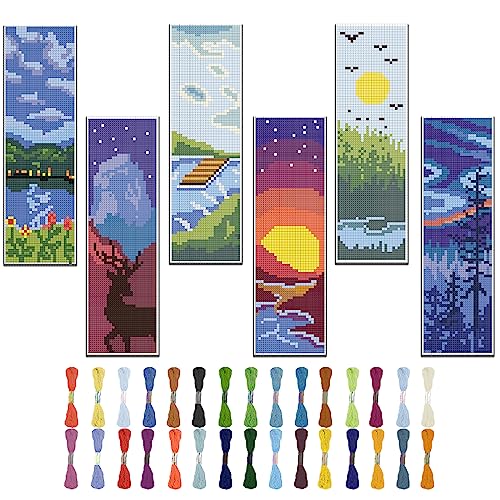 FREEBLOSS 6 Satz Stickerei Kreuzstich Set - Lesezeichen Mit Landschaftsmotiv - Anfänger Set Mit Anleitung 6x20cm