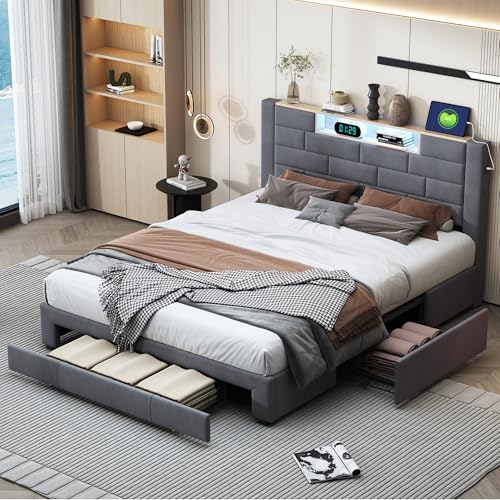 BPKADHY Polsterbett 160x200 cm,LED Doppelbett mit 3 Schubladen und Lattenrost,Kopfteil mit stauraum und USB-Ladefunktion,Bett Funktionsbett Stauraumbetten Jugendbett Rückenlehne Bettgestell,Samt,Grau