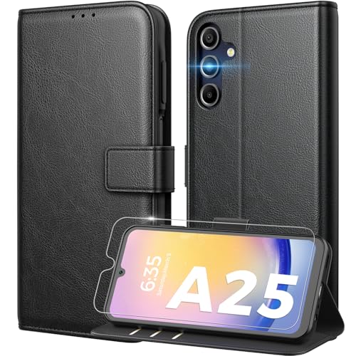 Peakally Handyhülle für Samsung Galaxy A25 5G Hülle [Mit 1 Stück Panzer Schutz Glas] [Premium PU Leder] [RFID-Blockierung] [Kartenfach] [Ständer] Klapphülle kompatibel mit Galaxy A25 - Schwarz