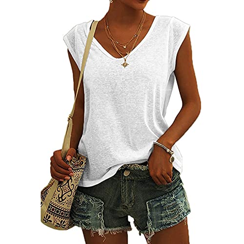 KOG Bluse Damen Elegant Ärmellose T-shirt Shirt Casual Weiß Oberteile mit Flügelärmeln Frauen Schwarz Kleidung Frau Grau Sommer Shirts Top Damen V-Ausschnitte Tshirt Klamotten Weiß M