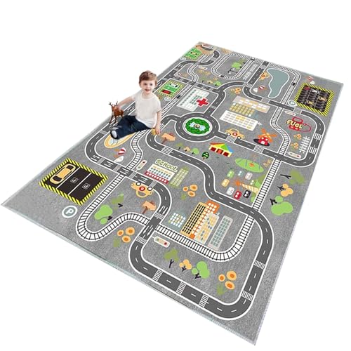 ZFHNYJWKL Kinder spielteppich Auto Jungen & Mädchen Teppich Straßenteppich Bauteppich Stadtstadt Lernbereich Teppich Pädagogischer Antirutsch für Kinderzimmer Grau Blau Grün(A,80X120CM)