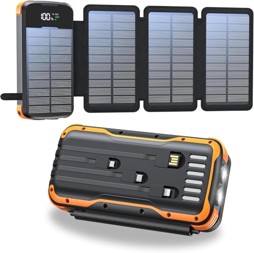 Solar Powerbank 27000mAh, Tragbare Ladegerät mit 4 Faltbar Externes Solarpanel ladegeräte 4 Integrierten Kabeln, Solar Power Bank Externer Akku mit 2 LED Taschenlampe für Smartphones, Tablets (Orange)