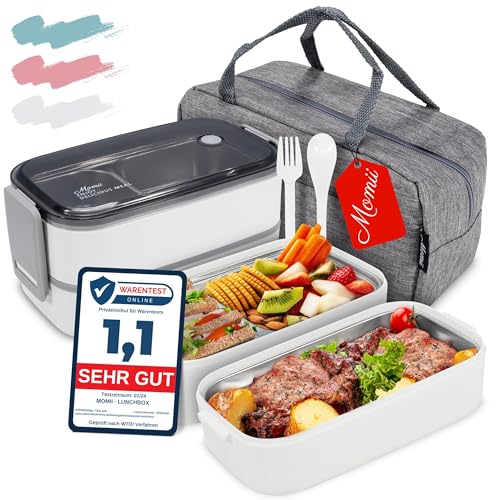 Premium Lunchbox Erwachsene und Kinder inkl. Tragetasche und Besteck Bento box Edelstahl mit Fächern Brotdose Kindergarten Lunch Jausenbox Brotdosen Bananenbox (Weiß)