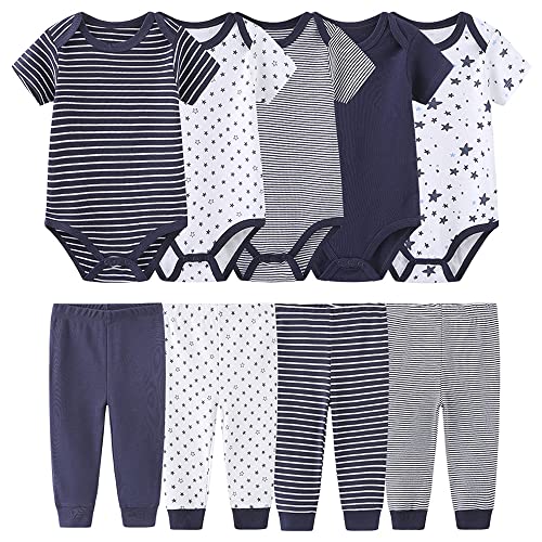 Chamie Baby Bodys Kurzarm Hose Bekleidungsset für Neugeborene Jungen und Mädchen Baumwolle Marineblau 9-12 Monate