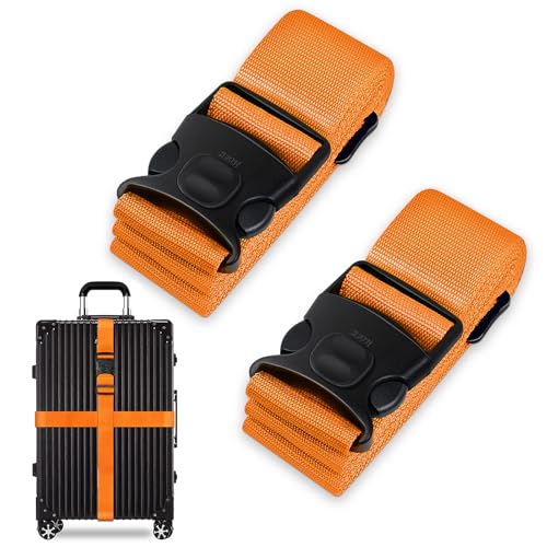 2Stück Koffergurt Kofferband Set, Auffälliges Kofferband, Verstellbare Gepäckgurte mit Zusatzverriegelung und Kreuz Funktion Kofferbands, Kofferbands Gurt Set für Gepäck (Orange)