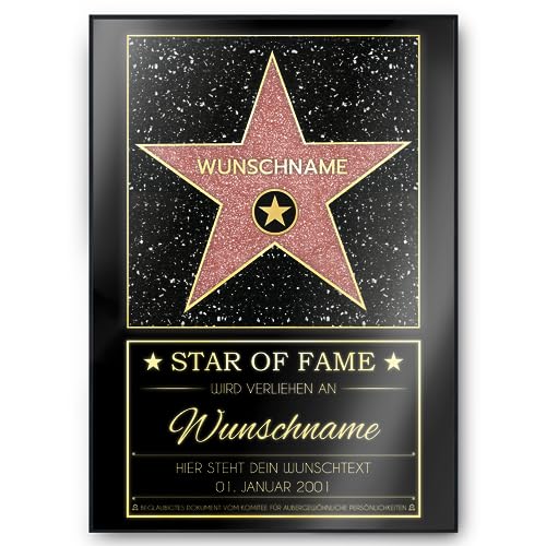 Tigerlino® Personalisierte Urkunde Hollywood Stern Walk of Fame personalisiertes Geschenk Wanddeko Dekoration Geburtstag Geschenk für Männer Frauen Anerkennung Wertschätzung Andenken