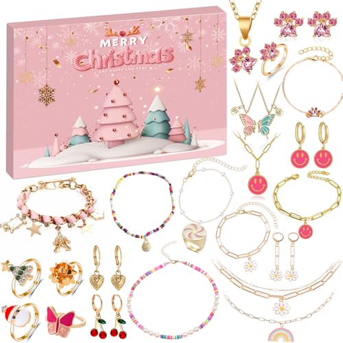 Humairc Adventskalender Schmuck 2024 Adventskalender Schmuck Mädchen Adventskalender Schmuck Damen Weihnachtskalender Schumck Mädchen Halskette Ohrringe Armbänder