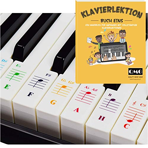 QMG Farbige Klavier- und Keyboard-Aufkleber und vollständige Klavierlektionen mit farbigen Noten und Leitfaden für Kinder und Anfänger Durchsichtig