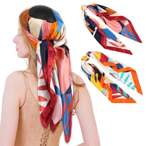 JIEYAO Bandanas,2 Stück 35“ Große Quadratische Satin Kopftuch Bandana Damen Herren Boho Elegante Kopftücher Sommer Haarband(Multicolor)