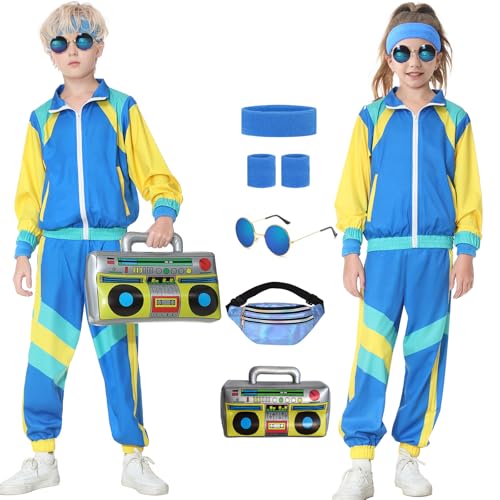 Hislovy 80er Jahre Kostüm Kinder,90er Jahre Outfit Trainingsanzug Jungen Mädchen Halloween Karneval, Blau, 146