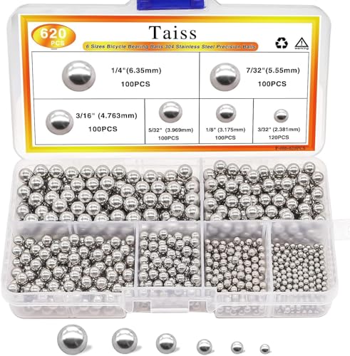 Taiss 620 Stück Kugellager Kugeln,Stahlkugeln,Edelstahlkugeln,Edelstahl Metallkugeln 6 übliche Größen für Mountainbike Rad Präzision Ersatzteile F-086-620PCS