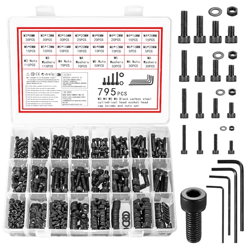 795 x Sechskantschrauben mit Muttern, M3 M4 M5 M6 Schrauben Set, Zylinderschrauben mit Innensechskant Schrauben Set, Schwarz Maschinenschrauben Muttern Set mit Unterlegscheiben Gewindeschrauben Set