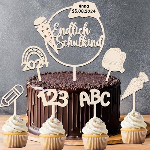 7 STK Endlich Schulkind 2024 Tortendeko Einschulung aus Holz, Cake Topper Kuchendeko Schulanfang, Schultüte ABC 123 Kuchen Deko Torte Einschulung für Mädchen Junge