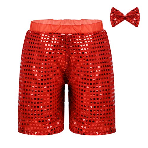 YiZYiF Unisex Jungen Mädchen Shorts Pailletten Tanzbekleidung Set Glänzend Shorts mit Fliege Jazz Tanzkostüm Kinder Kurze Hose Rot 128-140
