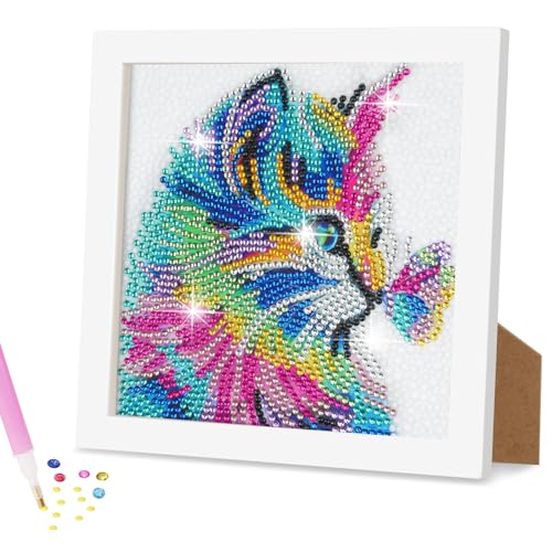 AUAUY Diamond Painting Kinder mit Holzrahmen, 5D DIY Set, Malen Nach Zahlen Diamant Mädchen Erwachsene, Diamant Bilder Arts Craft für Home Wand Decor (Katze)