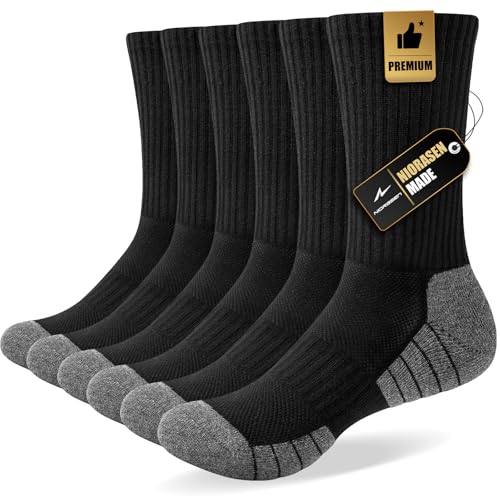 Niorasen Wandersocken Herren Damen 43-46, 6 Paar Winter Atmungsaktive Baumwolle Sportsocken Trekkingsocken, Warme Gepolsterte Hochleistung Laufsocken, Schwarz