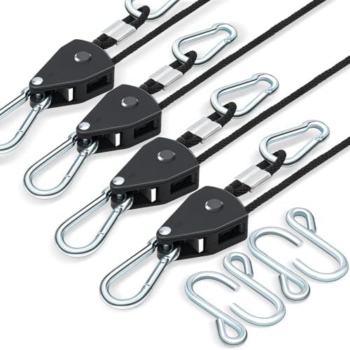 HUDDU 4Stück Ratchet Hanger, Einstellbare Seil Seilhaken, Seilratsche mit Haken, Ratschenseil Seilzugratsche 2M,1/8 Zoll Ratschenseil für Pflanzenventilator Licht Zimmerpflanzen