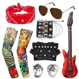 HEAWAA 11Pcs Rock Accessoires, 60er/70er/80er Jahre Kostümzubehör mit Fake Tattoos Ärmel Kapuzen Handschuhe Armbänder Ringe Aufblasbare Gitarren Sonnenbrille für Karneval Fasching Party
