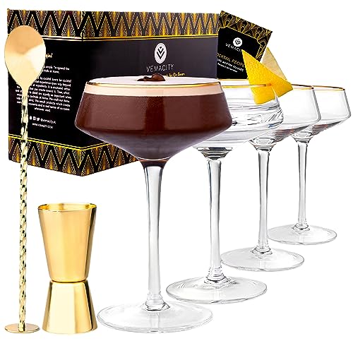 Luxus Martini Gläser Cocktailgläser Set von 4 mit Gold Rändern | Gold Cocktail Löffel, Ausgießer, Rezept e-Book | Großartig wie Champagner Gläser | Cocktail Glas| Coktailgläser- set | cocktailglas