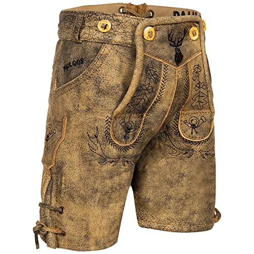 PAULGOS Kinder Trachten Lederhose KK2-ANTIK + Träger, Echtes Leder, Gr. 98-104, Sandbraun