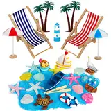 30 Stück Strand-Mikrolandschaft Miniatur Dekoration Mini-Stranddekorationen Miniliegestuhl Strandkorb Sonnenschirm Kleine Palme Deko Accessoires für DIY Zen Garten Dekoration Einzigartiges Geschenk