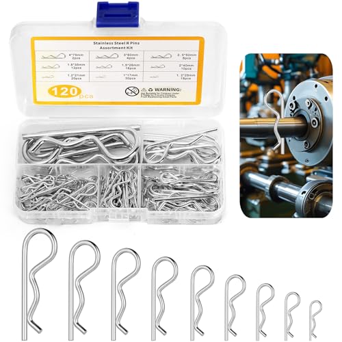 MirraSwit 120 Stück Splinte Sortiment, R Clips Set, Federsplinte Federstecker Sortiment, 9 Größen Verzinkte Sicherungssplinte, Haltefederkupplung Splinte für Schlepper, Rasenmäher, Autos (1-4mm)