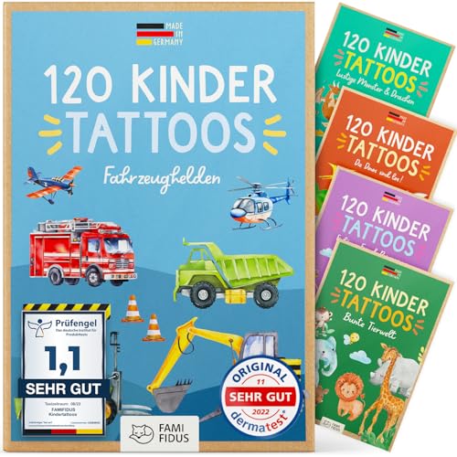 Famifidus 120 hautfreundliche Kinder Tattoos I I Dermatologisch SEHR GUT I Kindertattoos MADE IN GERMANY I Tattoo Kinder I Unsere Tattoos für Kinder (Baumaschinen & Fahrzeuge)