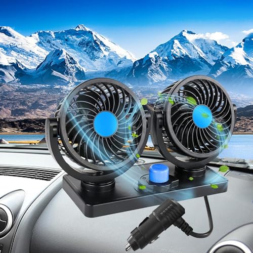 Chaohua 24V Doppelkopf Auto Ventilator, Ventilator Auto 360 Grad Drehbar mit 2 Geschwindigkeiten Doppel lüfter Geeignet für 24Volt LKWs,Anhänger