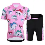 LCIGIA Kinder Radtrikot Set Jungen Mädchen Fahrrad Trikot Schnell Trocknend Kurzarmtrikot Atmungsaktiv Radsport Anzüge Kurzarm +Kurz Radhose mit 3D Sitzpolster, Rosa(Katze), 116