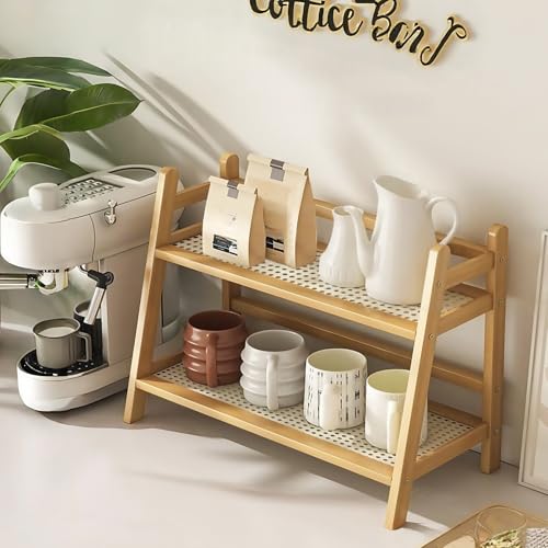 D-werack Kaffeestation in Korboptik, Bambus-Becherhalter, Arbeitsplatte, Küchenthekenregal für Tee, Kaffee, Bar, Zubehör, Matcha-Ständer, Tassen-Display, Gewürz-Aufbewahrungsregal, 2 Etagen
