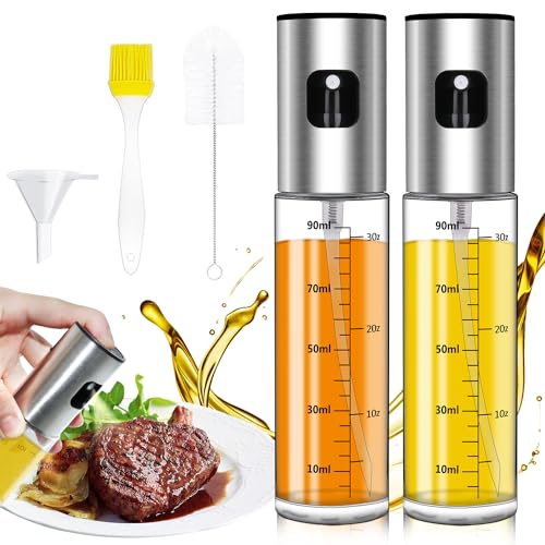 YDIAMEJ 2 Stück Ölsprüher Öl Sprühflasche 5 in 1 Glas Olivenöl Sprühflasche 100ml Oil Sprayer zum Kochen mit Backpinsel, Flaschenbürste und Öltrichter zum Grillen, Salat, Backen, Kochen, BBQ