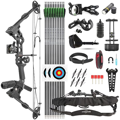 SHARROW Compoundbogenset 20-70 LBS Einstellbare Jagd Compound Bogen und Pfeil Set für Erwachsene Jugend Anfänger Outdoor-Schießen Bogenschießen Set LH/RH (Linke Hand, Schwarz)