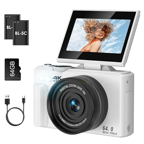 LAMA Digitalkamera, Mini Digitalkameras 4K 64MP Fotokamera mit 64G SD-Karte, Kompaktkamera 3,0 Zoll 180° Flip-Screen 18X Zoom Digital Kamera, Fotokamera für Kinder Teenager Anfänger (Weiß)