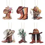 AHANDMAKER 6 Set Acryl Cowboy Auto Hängedekoration Gemischter Stil Auto Rückspiegel Zubehör Cowboystiefel Und Hüte Hängeanhänger Innenrückspiegel Hängeanhänger