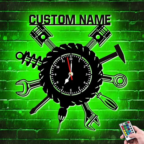 Personalisierte Reparaturwerkstatt-Wanduhr, Neonschild, Kunst, benutzerdefinierter Metallname, beleuchtet, LED-Reparaturwerkstatt, Wanduhr, leiser Quarz, kein Ticken, Garagenreparator, Geschenk für