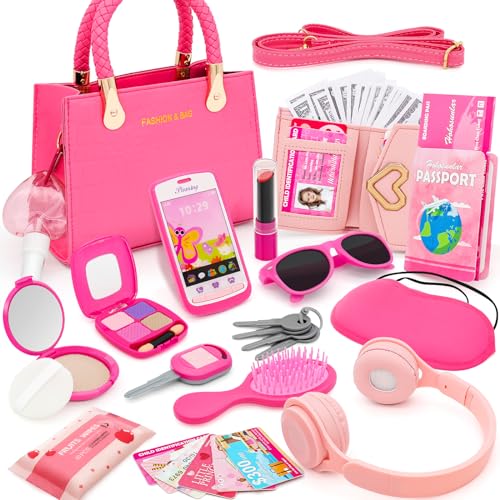 Kleinkind Mädchen Handtasche mit Accessoires - Falsches Make-up-Spielzeug für Kinder, Kopfhörer, Geldbörse, Telefon, Sonnenbrille, Schlüssel, Kreditkarten, Geschenk für Mädchen 3+