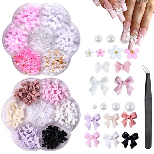 Nail Art Charms 2 Schachteln Charms Nägel Nagel Charms Schleifen für Nägel 3D Dreidimensionales Bogen Nail Art Dekoration Harzblumen-Edelstein-Nageldekorationszubehör (mit Pinzette)