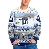 Elbenwald Strickpullover mit Star Wars Schlacht auf Hoth Norwegermuster im winterlichen Design mit at-at und at-ST in grau, blau, weiß - M