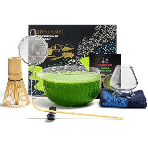 TEANAGOO Japanese Matcha Whisk (7pcs) Matcha Set Mtacha Kit Matcha Bowl with Pouring Spout Bamboo Matcha Whisk (Chasen) Scoop (chashaku) Matcha Whisk Holder. N21, Klarglas, Matcha Grünteepulver...