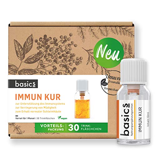 basics IMMUN KUR Monatskur, 30 x 10ml Fläschchen - Immunsystem stärken 15x Vitamin Komplex hochdosiert, Vegan mit Mineralstoffen - unterstützt Immunsystem und Energiestoffwechsel