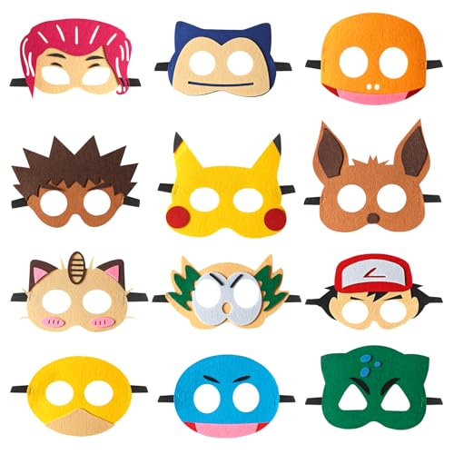 YFCHOTI Party Maske Set für Kinder, 12pcs Cartoon-Anime Cosplay Filzmasken, Maskenball Halbmaske für Halloween Karneval und Fasching Dress-Up, Kindergeburtstag Mitgebsel Geschenke für Jungen Mädchen