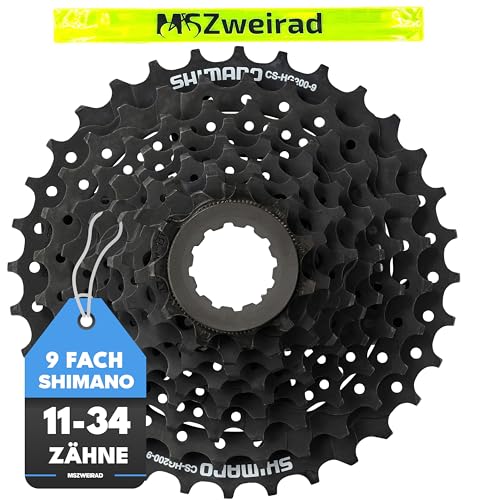 MSZweirad Shimano Fahrrad Kassette 9-Fach CS-HG200 Auswählbar 11-32 | 11-34 | 11-36 Zähne Zahnkranz Schwarz inklusive Reflexband (11-34 Zähne)