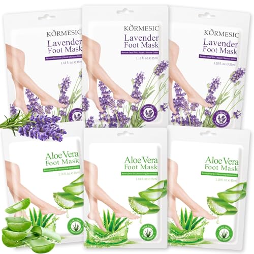 6 Paar Fußmaske, Feuchtigkeitsspendende Fussmaske, Fußpflege für Trockene und Rissige Füße, Männer Frauen Fusspflege Foot Mask (3 Paar Aloe Vera + 3 Paar Lavendel)