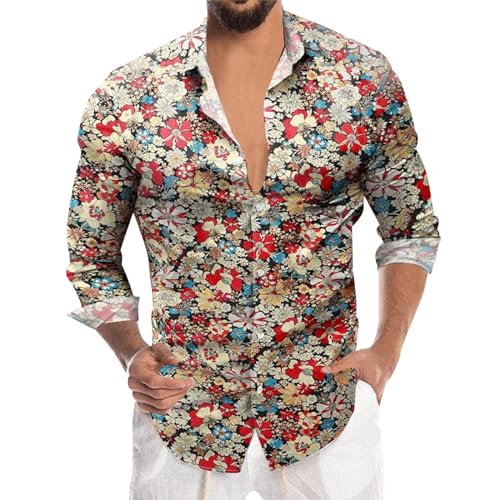 Caxndycing Herren Hippie 70er Jahre Hemd Blumen Hawai Langarm Hemden Freizeitshemd Regular Fit Floral Business Hemd Langarm Button Down Print