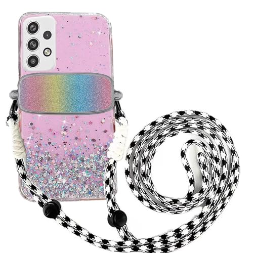 Tivenfezk Nadoli für Samsung Galaxy A32 5G Glitzer Handykette Hülle,Silikon Bling Durchsichtig Crossbody Tasche zum Umhängen Schutzhülle mit Telefon Clip Halter Band