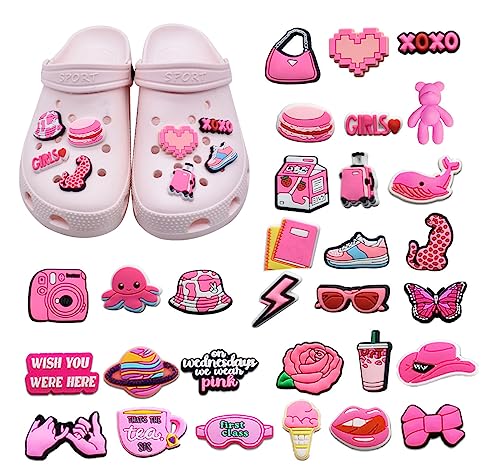 30 Stück Blumen-Krokodil-Anhänger,Girly Rosa Schuhe Dekorationen,personalisierte DIY Zubehör,niedliche Themen-Schuhschnallen,PVC gedruckte Schuhblumen,Crocs-Party-Dekorationen