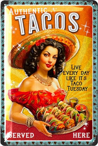 LANOLU Retro Blechschild TACOS Served Here, American Diner Deko, Blechschilder Grillen & Küche, Burger Geschenk, Deko USA, Restaurant Deko, Retro Schilder Blech 20x30cm