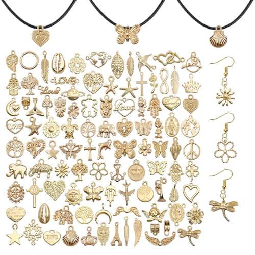 100 Stück Charms Anhänger Gold, zum Schmuck Basteln, Gemischte Anhänger Kette und Vintage Aesthetic, Armbänd Ohrringe Halskette