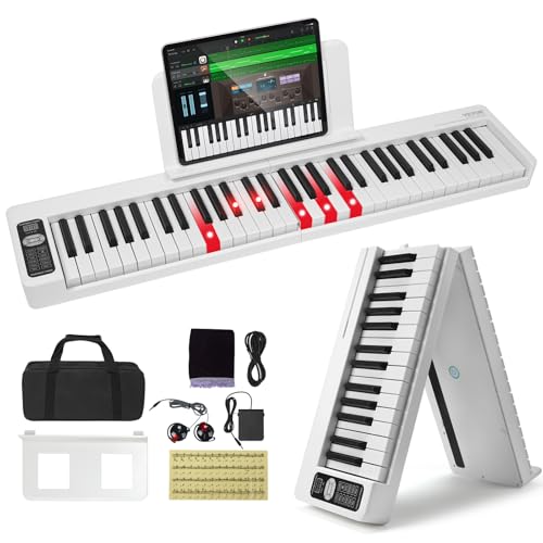 VEVOR E Piano 61 Tasten Faltbares Digital Piano Bluetooth MIDI tragbares elektronisches digitales Klappklavier mit Sustain-Pedal berührungsempfindlichen beleuchteten Tasten Tasche wiederaufladbar weiß